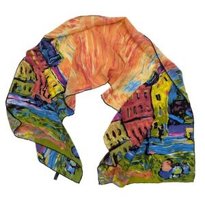 Vintage Silk Scarf Colorful Village Art Print Long Rectangle Abstract Art Deco